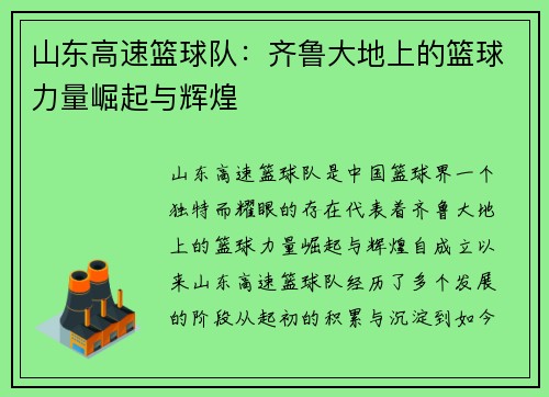 山东高速篮球队：齐鲁大地上的篮球力量崛起与辉煌
